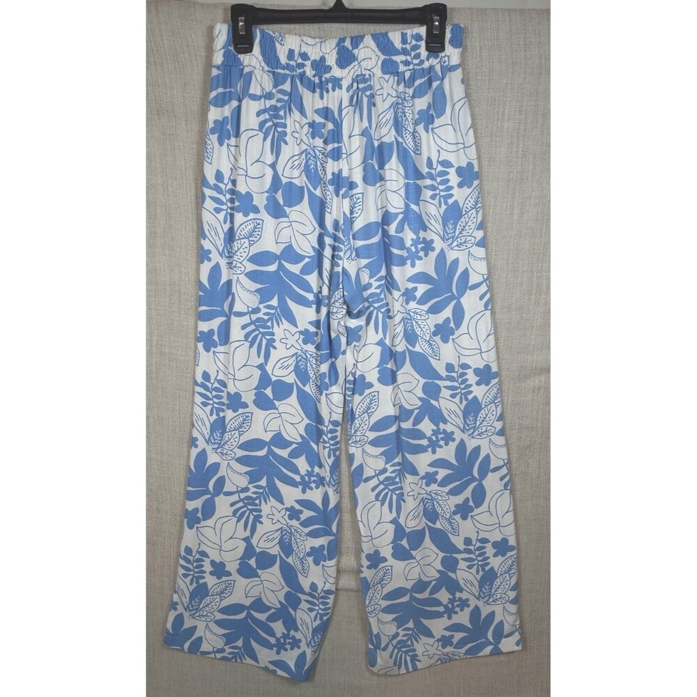 Wide Leg Linen Rayon Women’s Size Lg High Rise Pull-onResort Vacation Blue White